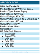 HP Poly 86P04AA#ABA 25W Power Supply - 120 V AC Input - 48 V DC Output - Black