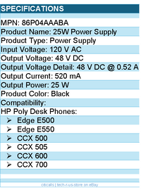HP Poly 86P04AA#ABA 25W Power Supply - 120 V AC Input - 48 V DC Output - Black