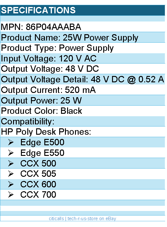 HP Poly 86P04AA#ABA 25W Power Supply - 120 V AC Input - 48 V DC Output - Black