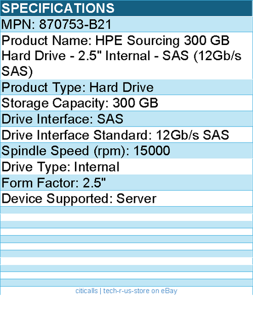 HPE 870753-B21 Sourcing 300 GB Hard Drive - 2.5" Internal - SAS (12Gb/s SAS)