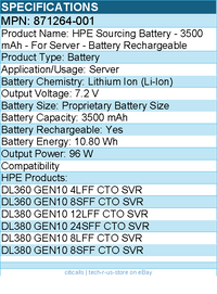 HPE 871264-001 Sourcing Battery - 3500 mAh - For Server - Battery Rechargeable