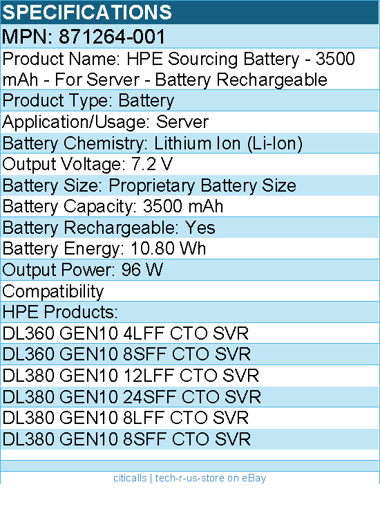 HPE 871264-001 Sourcing Battery - 3500 mAh - For Server - Battery Rechargeable