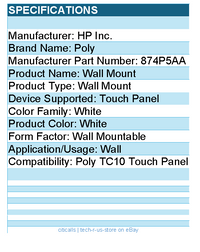 HP Poly 874P5AA Wall Mount for Poly TC10 Touch Panel - White