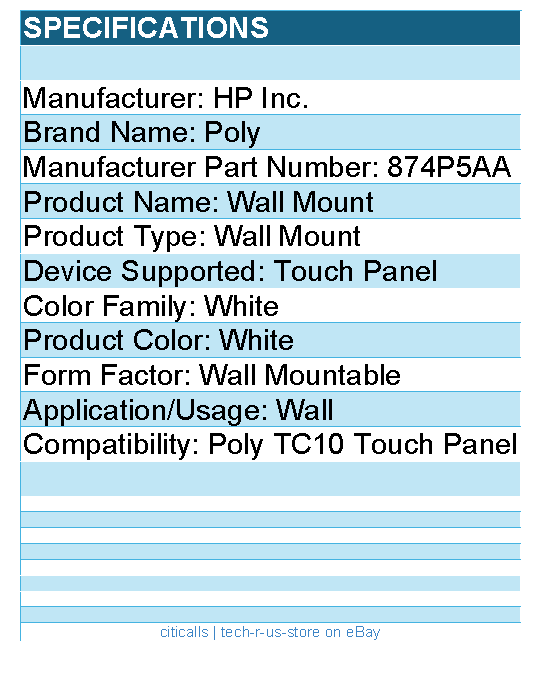 HP Poly 874P5AA Wall Mount for Poly TC10 Touch Panel - White