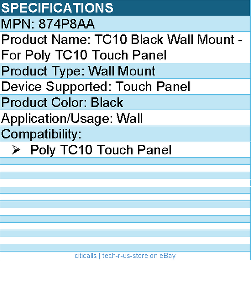 Hp Poly 874P8AA TC10 Black Wall Mount - For Poly TC10 Touch Panel