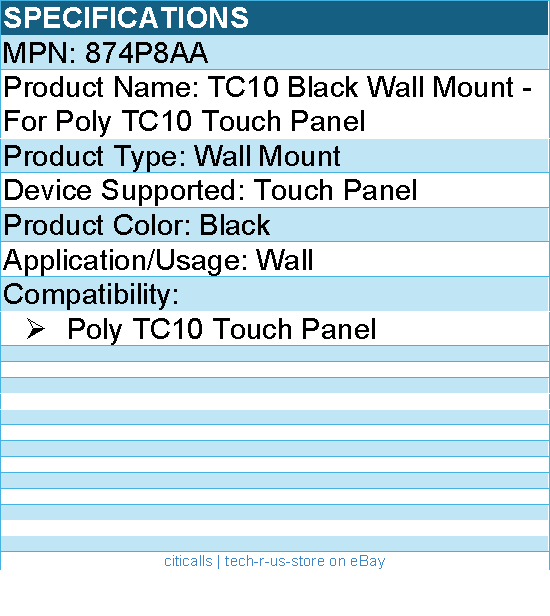Hp Poly 874P8AA TC10 Black Wall Mount - For Poly TC10 Touch Panel