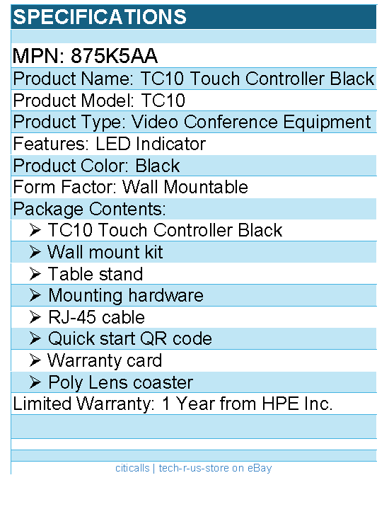 HP Poly 875K5AA TC10 Touch Controller Black For Video Conferencing