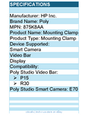 HP Poly 875K8AA Mounting Clamp for Smart Camera, Display, Video Bar