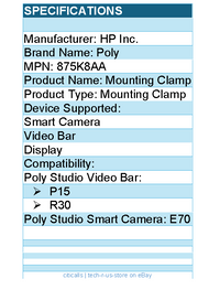 HP Poly 875K8AA Mounting Clamp for Smart Camera, Display, Video Bar