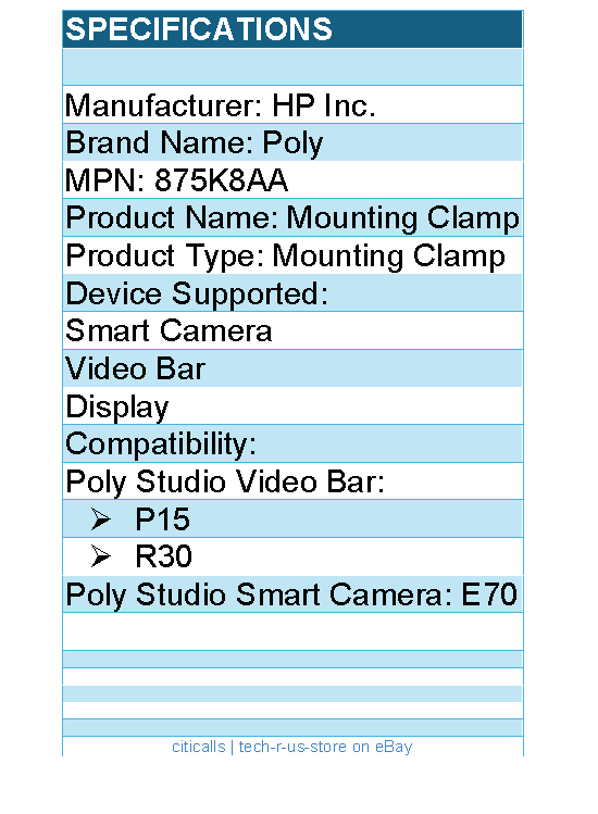 HP Poly 875K8AA Mounting Clamp for Smart Camera, Display, Video Bar