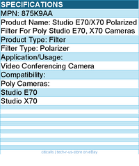 Hp Poly 875K9AA Studio E70/X70 Polarized Filter For Poly Studio E70, X70 Cameras