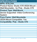 HP Poly 875L2AA Studio X70 VESA Mount - Wall Mountable - for Poly - Studio X70
