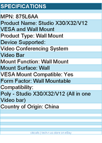 HP Poly 875L6AA Wall Mount for Video Conferencing System, Video Bar
