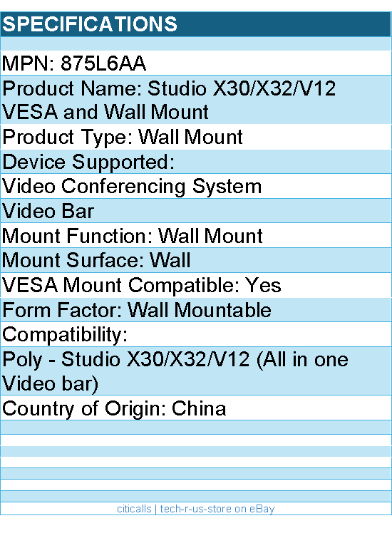 HP Poly 875L6AA Wall Mount for Video Conferencing System, Video Bar