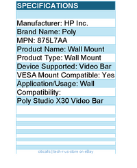 HP Poly 875L7AA Wall Mount for Poly Studio X30 Video Bar