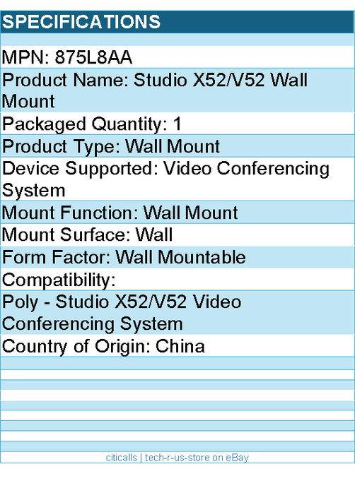 HP Poly 875L8AA Wall Mount for Video Conferencing System