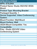 HP Poly 875L9AA Studio X52/V52 VESA Mount - Mounting Bracket - Black