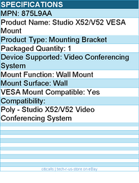 HP Poly 875L9AA Studio X52/V52 VESA Mount - Mounting Bracket - Black