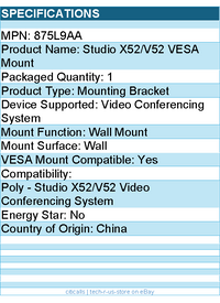 HP Poly 875L9AA Mounting Bracket for Video Conferencing System
