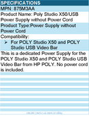 HP Poly 875M3AA Studio X50/USB Power Supply without Power Cord