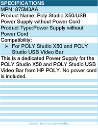 HP Poly 875M3AA Studio X50/USB Power Supply without Power Cord