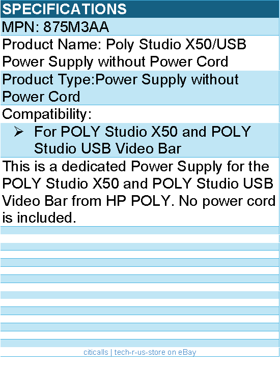HP Poly 875M3AA Studio X50/USB Power Supply without Power Cord