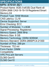 HPE 876181-B21 8GB (1x8GB) Dual Rank x8 DDR4-2666 CAS-19-19-19 - RAM Module