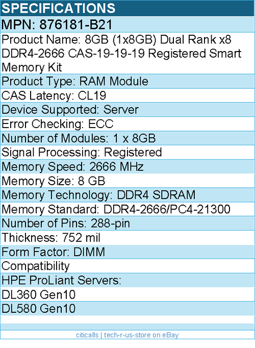 HPE 876181-B21 8GB (1x8GB) Dual Rank x8 DDR4-2666 CAS-19-19-19 - RAM Module