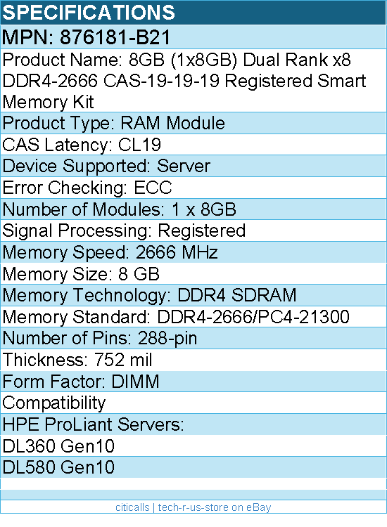 HPE 876181-B21 8GB (1x8GB) Dual Rank x8 DDR4-2666 CAS-19-19-19 - RAM Module
