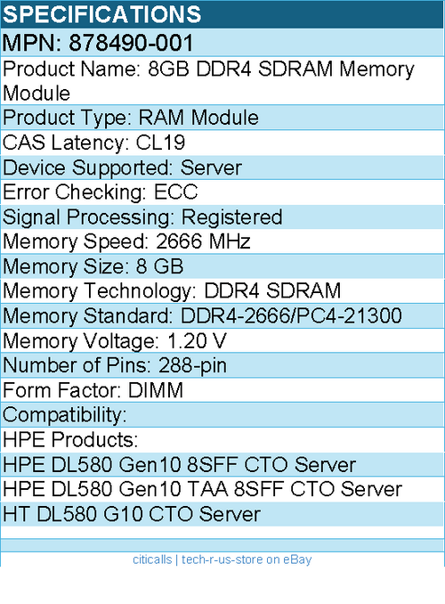 HPE 878490-001 Sourcing 8GB DDR4 SDRAM Memory Module - For Server