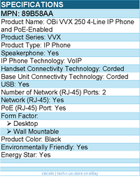 HP Poly 89B58AA OBi VVX 250 4-Line IP Phone and PoE-enabled