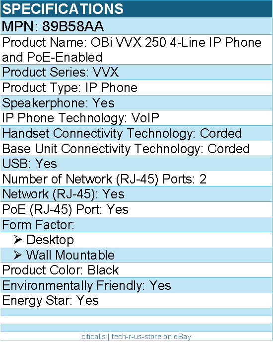 HP Poly 89B58AA OBi VVX 250 4-Line IP Phone and PoE-enabled