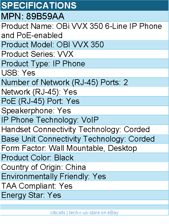 HP Poly 89B59AA OBi VVX 350 6-Line IP Phone and PoE-enabled