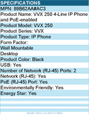 Hp Poly 89B62AA#AC3 VVX 250 4-Line IP Phone and PoE-enabled - Black