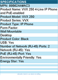 Hp Poly 89B62AA#AC3 VVX 250 4-Line IP Phone and PoE-enabled - Black