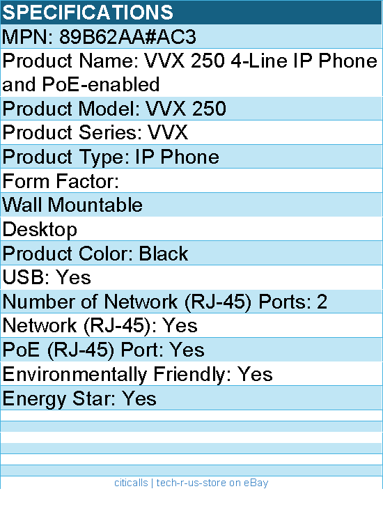 Hp Poly 89B62AA#AC3 VVX 250 4-Line IP Phone and PoE-enabled - Black
