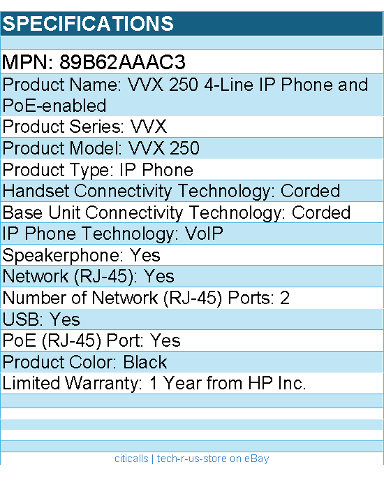 HP Poly 89B62AA#AC3 VVX 250 IP Phone - Corded - Desktop, Wall Mountable