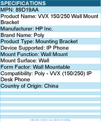 HP Poly 89D19AA Wall Mount Bracket for Poly - VVX (150/250) IP Desk Phone