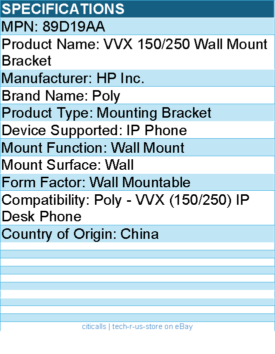 HP Poly 89D19AA Wall Mount Bracket for Poly - VVX (150/250) IP Desk Phone