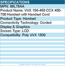 HP Poly 89L78AA VVX 150-450 CCX 400-700 Handset with Handset Cord