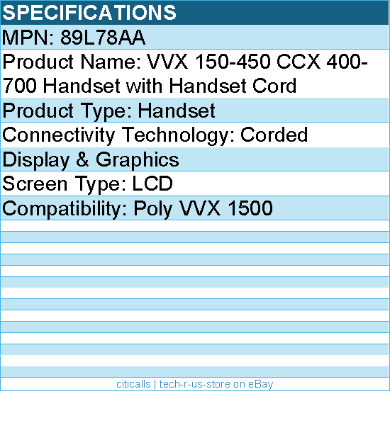 HP Poly 89L78AA VVX 150-450 CCX 400-700 Handset with Handset Cord