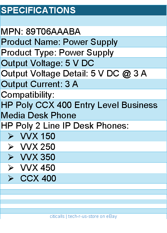 HP Poly 89T06AAABA Power Supply - for HP Poly 2 Line IP Desk Phones