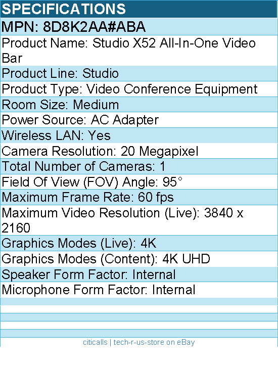 HP Poly 8D8K2AA#ABA Studio X52 All-In-One Video Bar - Video Conference Equipment