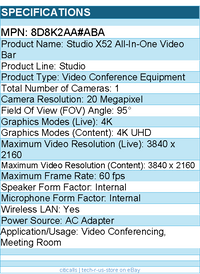 HP Poly 8D8K2AA#ABA Studio X52 All-In-One Video Bar -For VideoConferencing