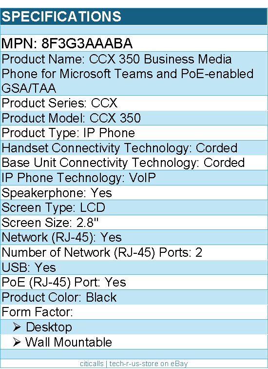 HP Poly 8F3G3AA#ABA CCX 350 IP Phone - Corded - Corded - Desktop, Wall Mountable