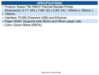 HP Retail 8G0G7AA Epson TM-T88VII PUSB Thermal Printer