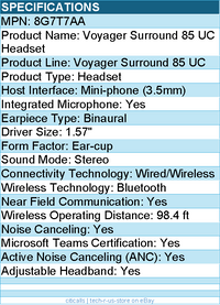 HP Poly 8G7T7AA Voyager Surround 85 UC Headset - Mini-phone (3.5mm) - Ear-cup