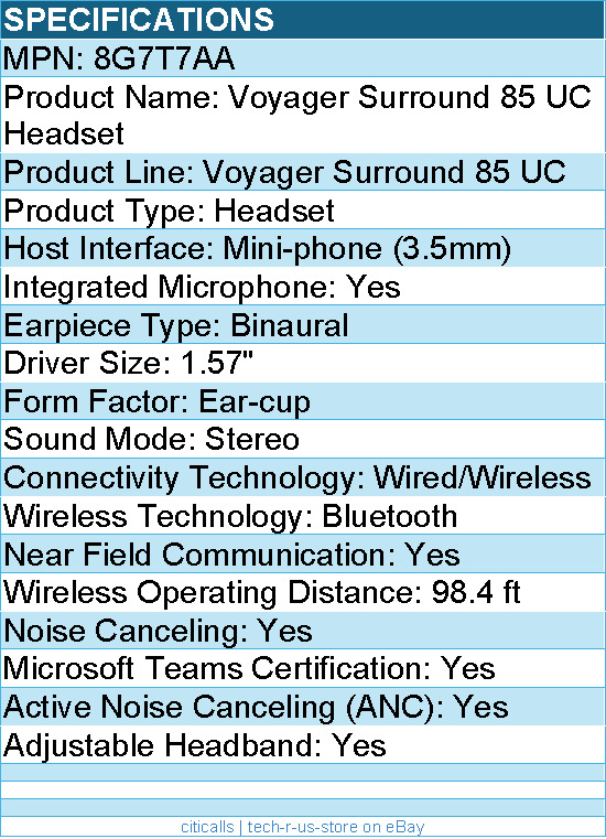 HP Poly 8G7T7AA Voyager Surround 85 UC Headset - Mini-phone (3.5mm) - Ear-cup