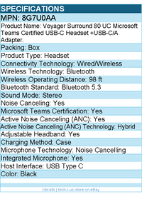 HP Poly 8G7U0AA Voyager Surround 80 UC Microsoft Teams Certified USB-C Headset