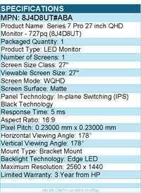 HP 8J4D8UT#ABA 727pq 27" Class WQHD LED Monitor - 16:9 - Natural Silver